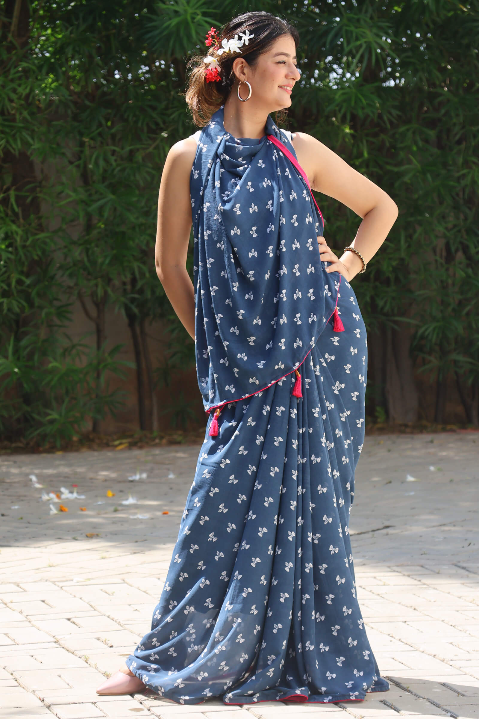 Bow Printed georgette saree with blouse