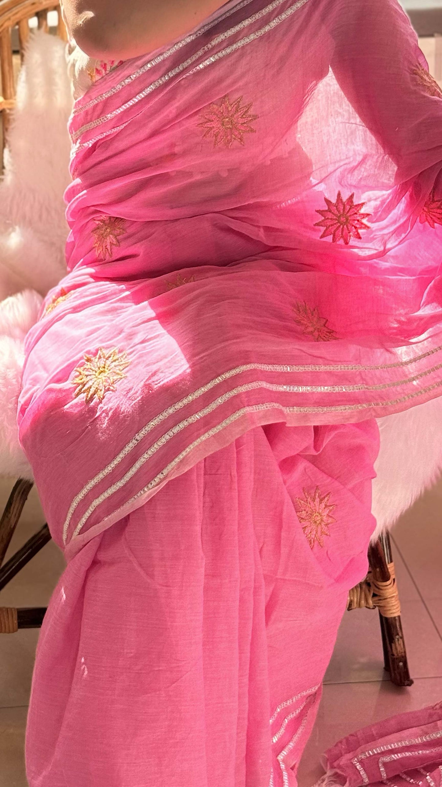 Gulabi Glimmer – Hand Embroidered Mul Cotton Saree With Silver Zari Lines & Tassels