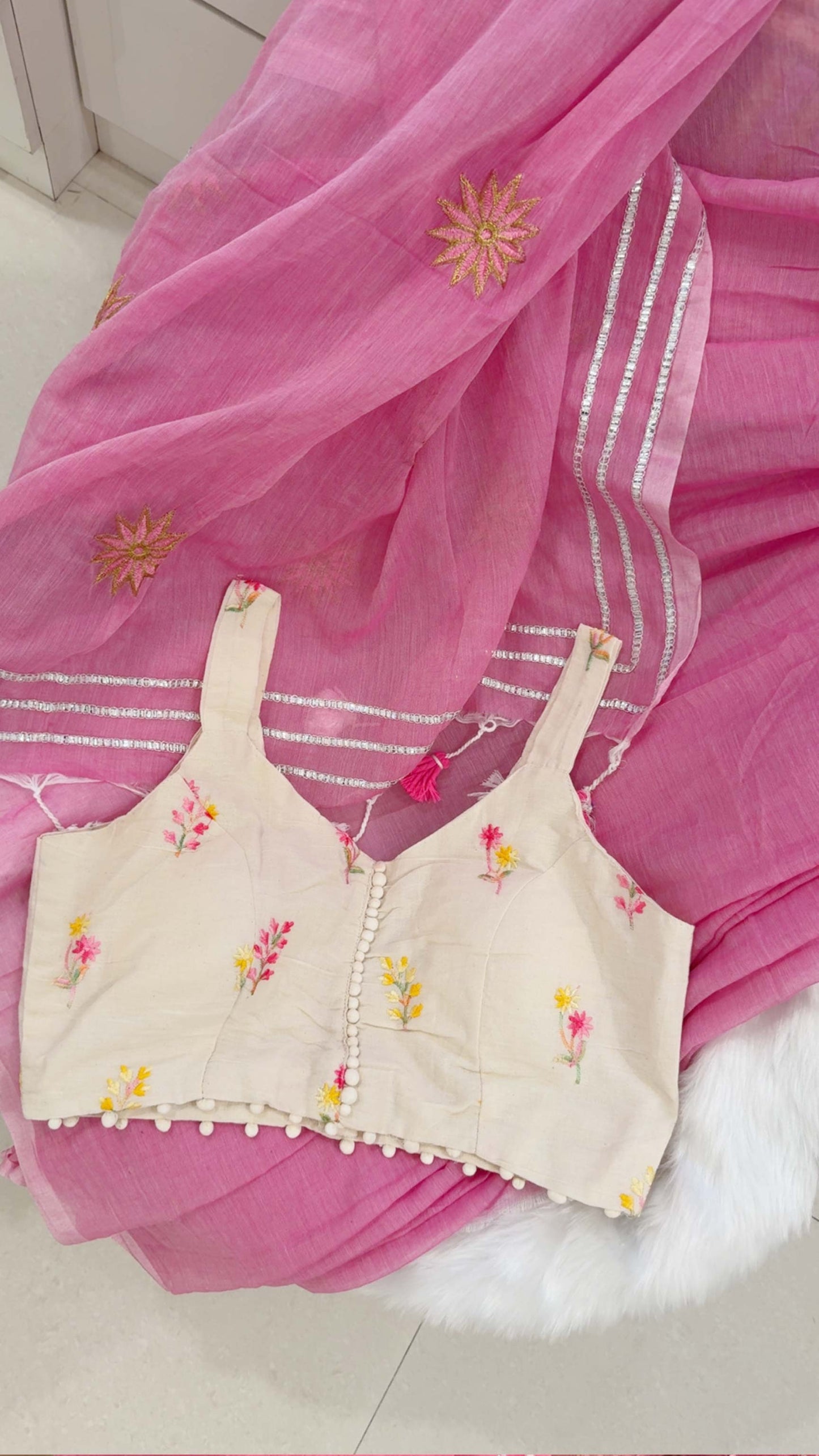 Gulabi Glimmer – Hand Embroidered Mul Cotton Saree With Silver Zari Lines & Tassels