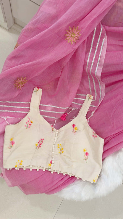 Gulabi Glimmer – Hand Embroidered Mul Cotton Saree With Silver Zari Lines & Tassels