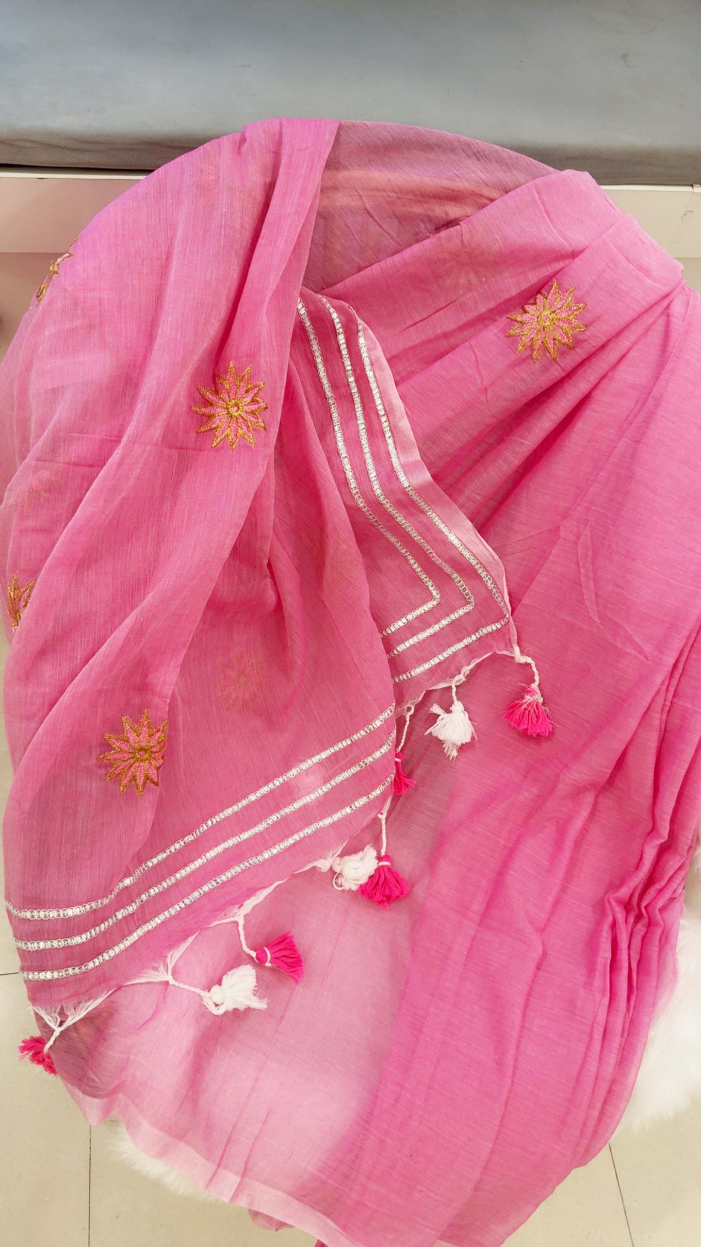 Gulabi Glimmer – Hand Embroidered Mul Cotton Saree With Silver Zari Lines & Tassels