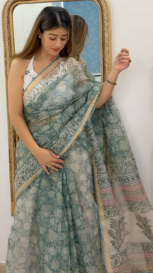 Minted Myth - Bagru Block Print Kota Doriya Saree With Blouse