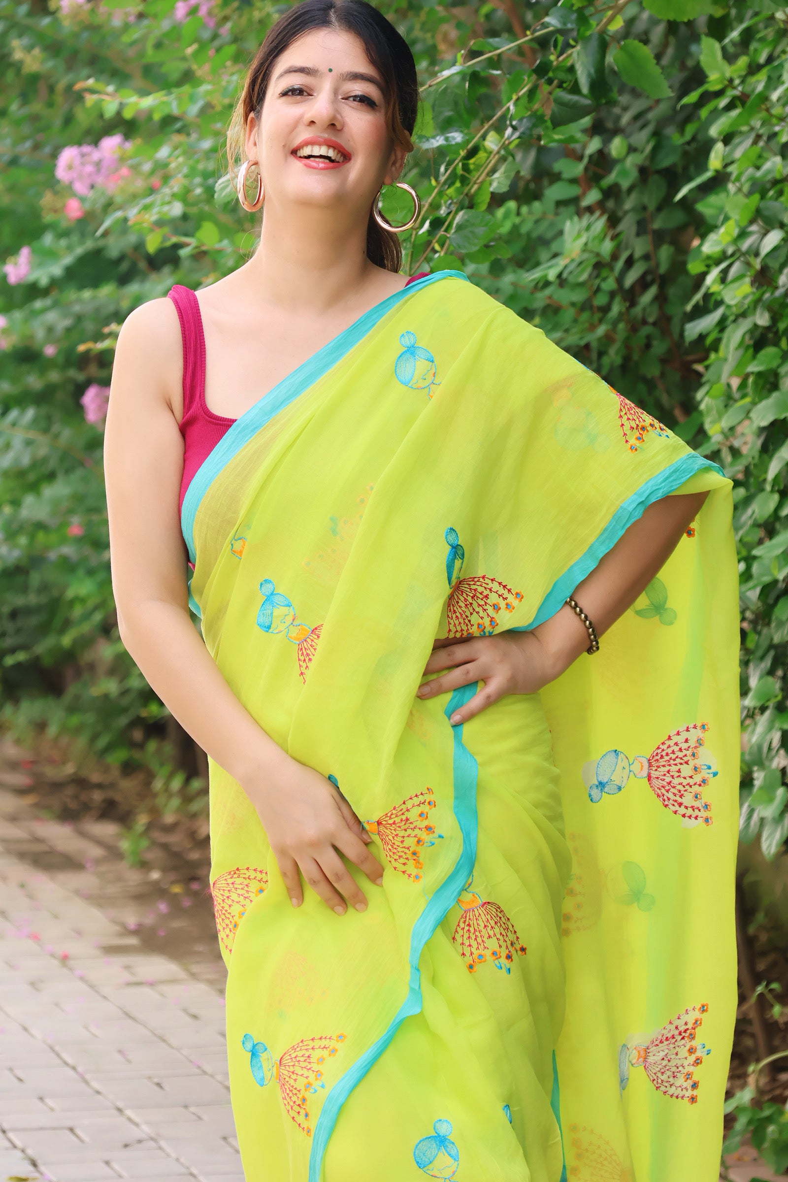 cute mul cotton neo green saree with hand embroidery