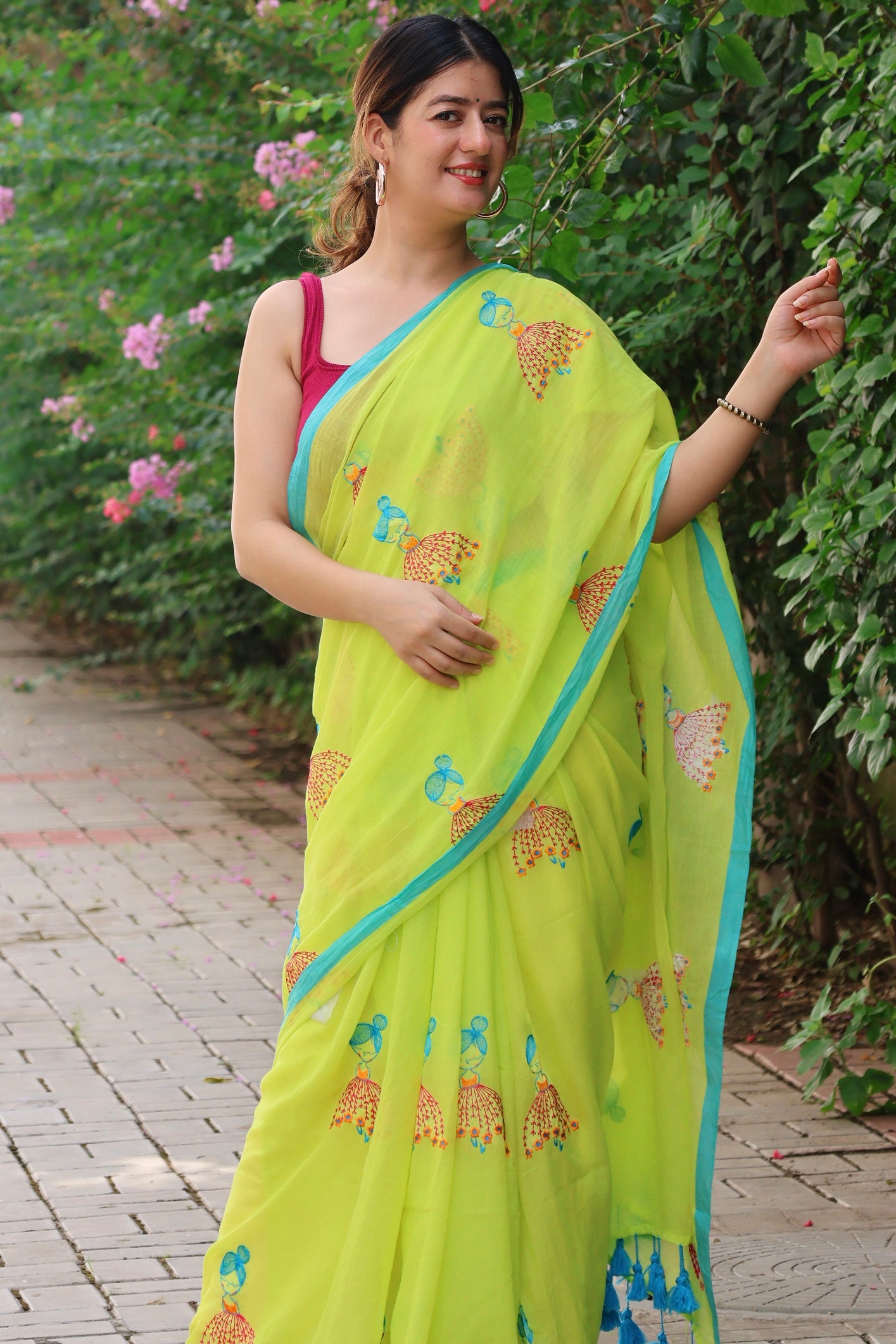 cute mul cotton neo green saree with hand embroidery