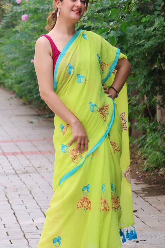 cute mul cotton neo green saree with hand embroidery