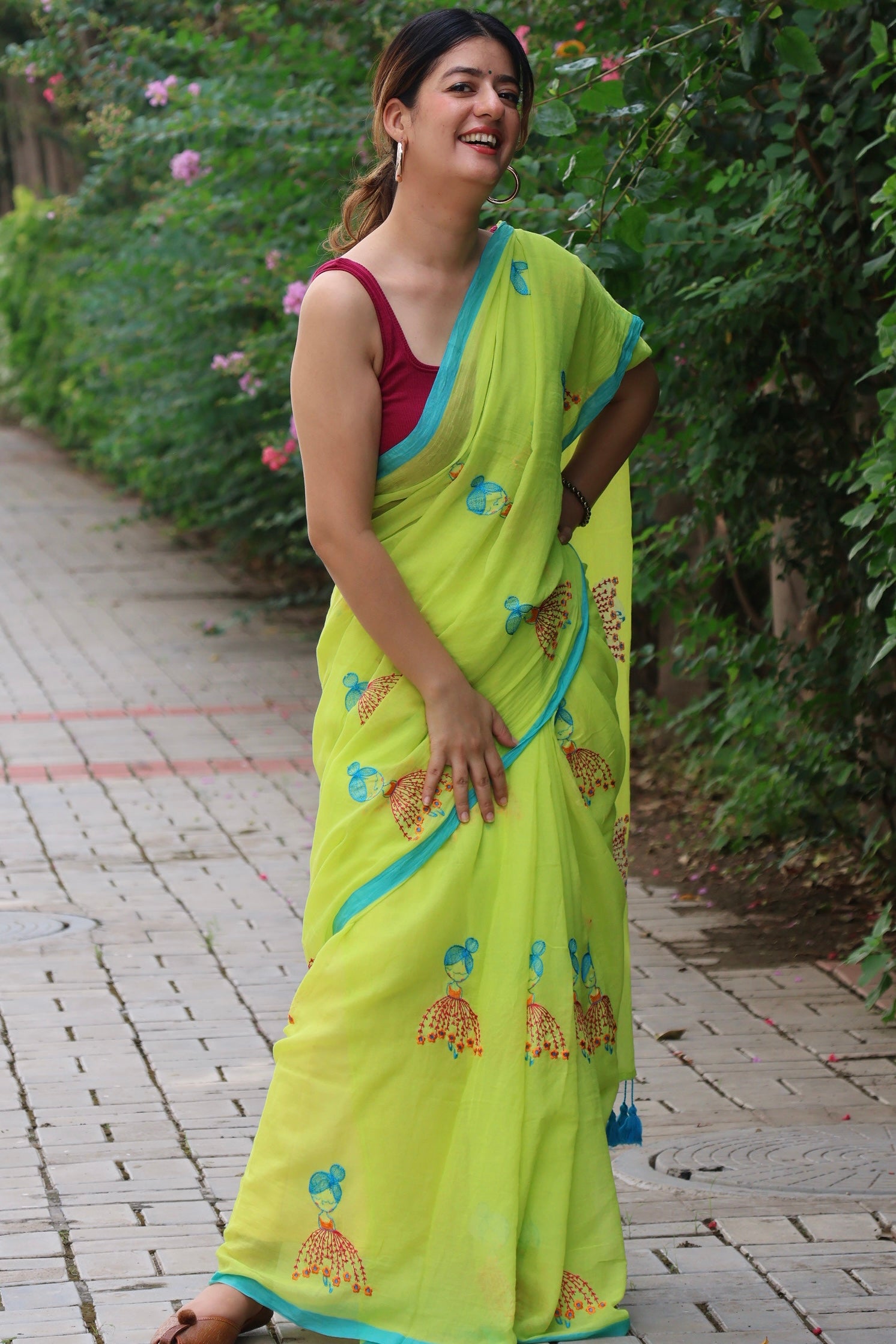 cute mul cotton neo green saree with hand embroidery