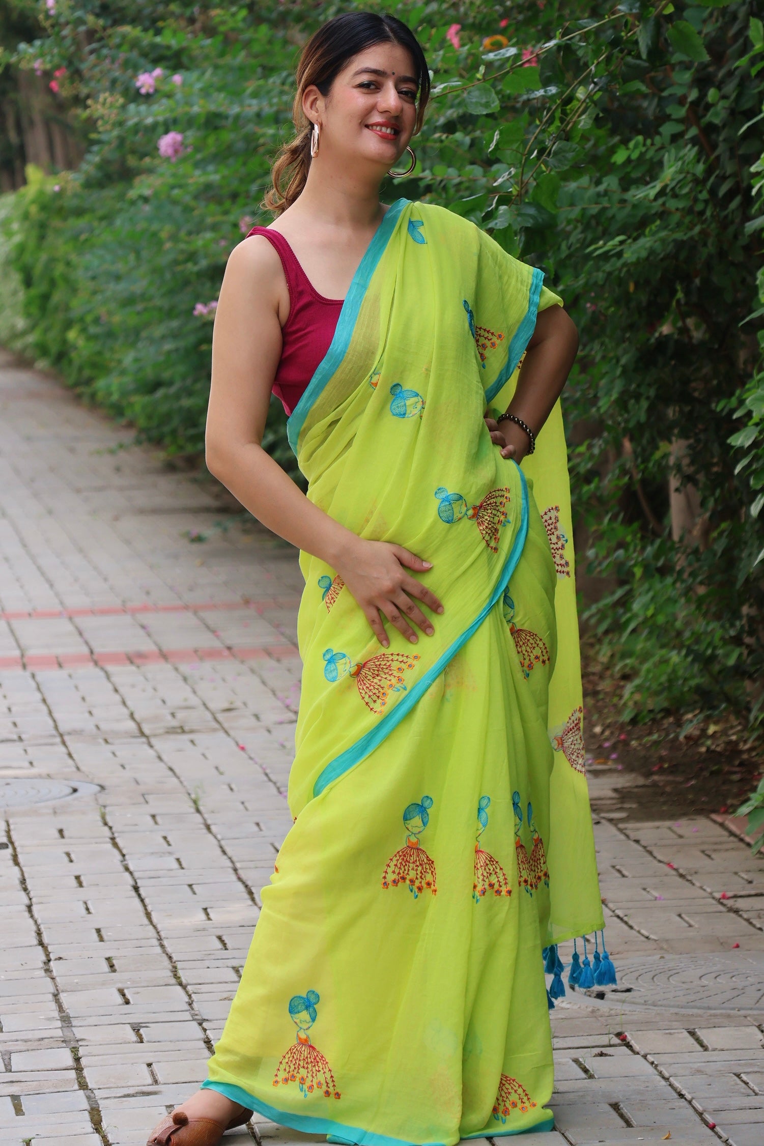 cute mul cotton neo green saree with hand embroidery