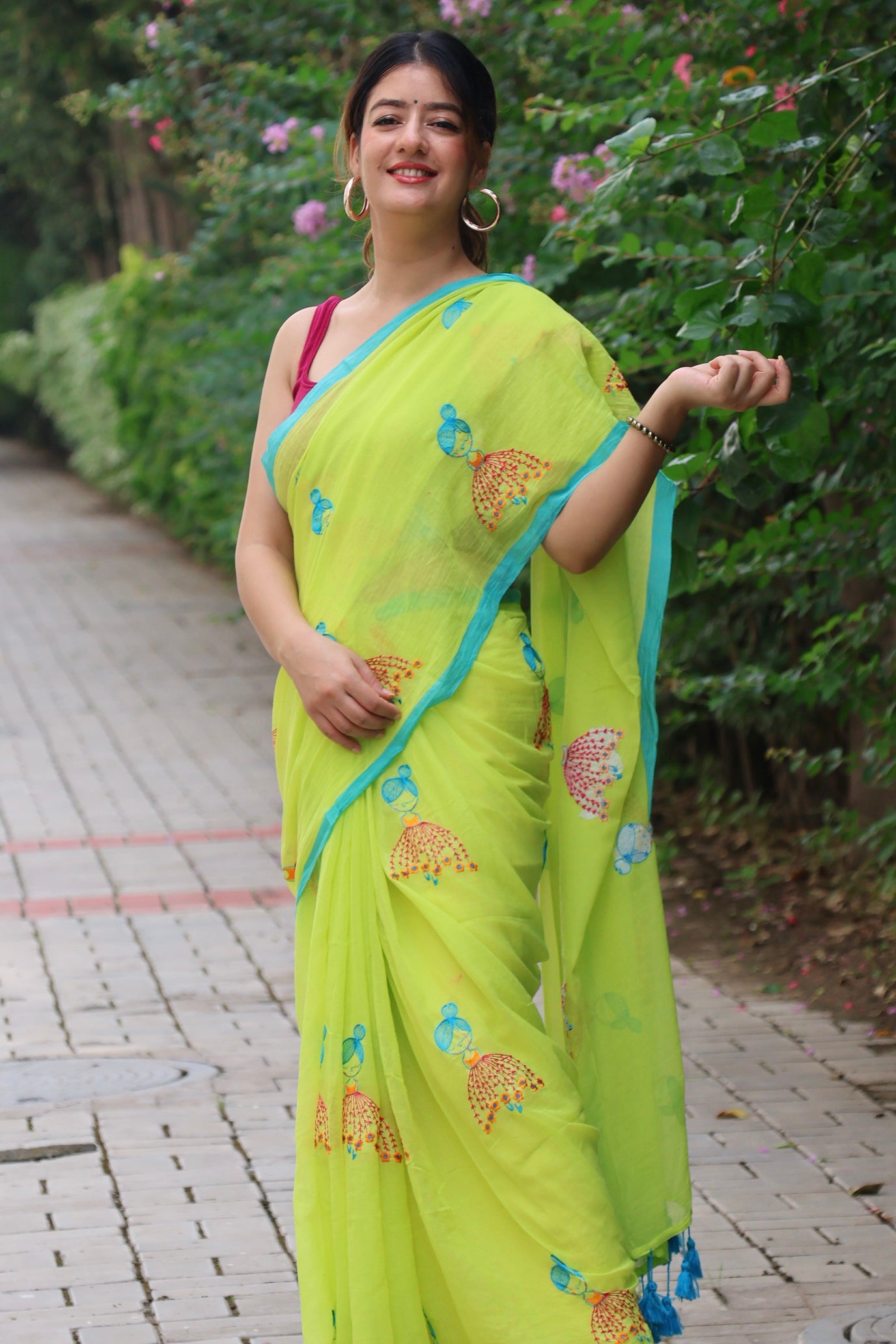 cute mul cotton neo green saree with hand embroidery