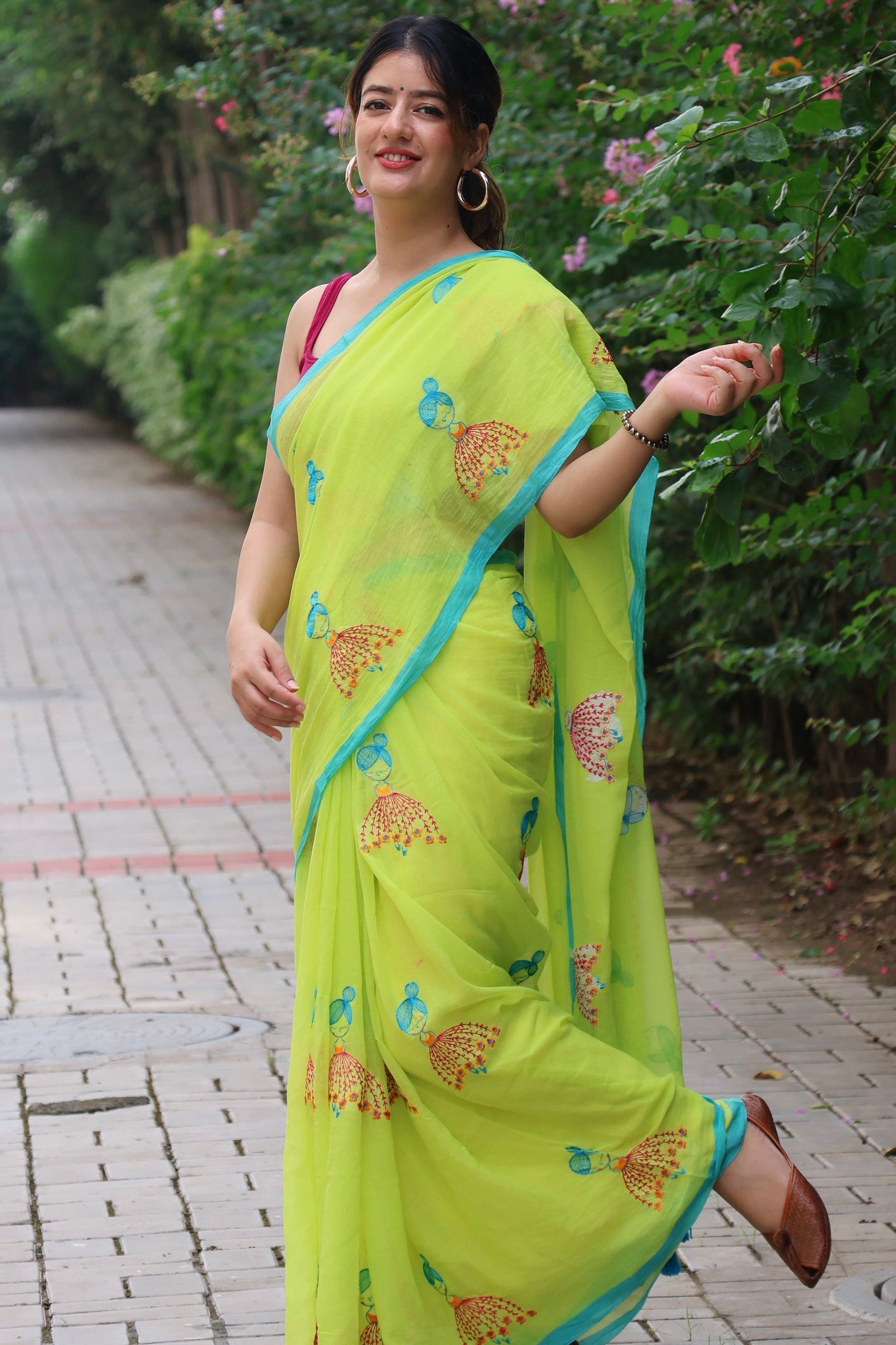 cute mul cotton neo green saree with hand embroidery