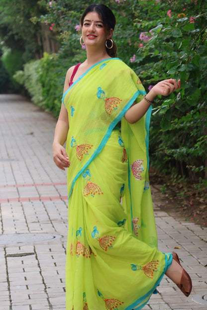 cute mul cotton neo green saree with hand embroidery