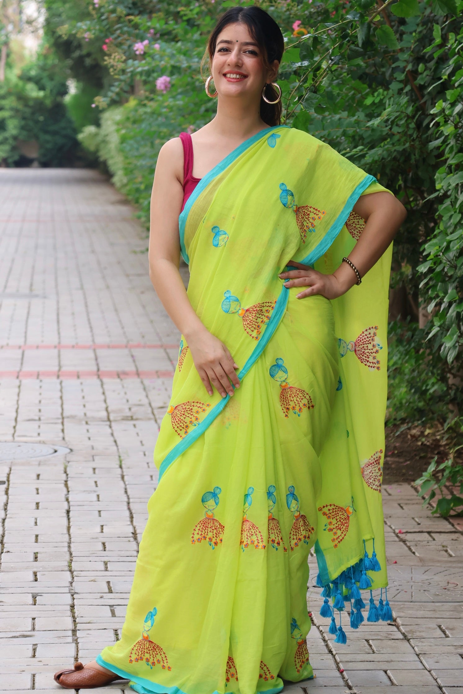 cute mul cotton neo green saree with hand embroidery