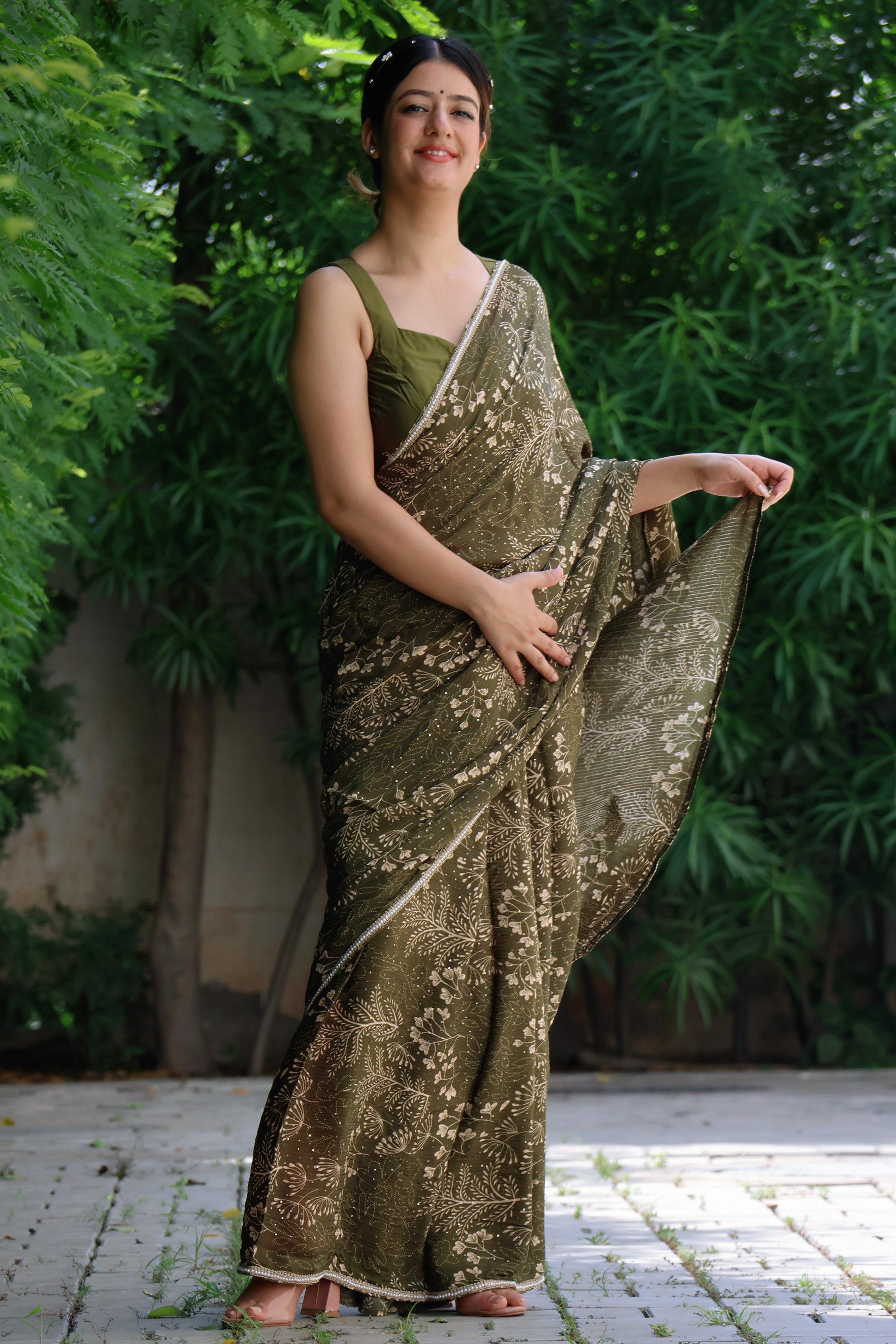 Olive Dream  Embroidered Chinon saree