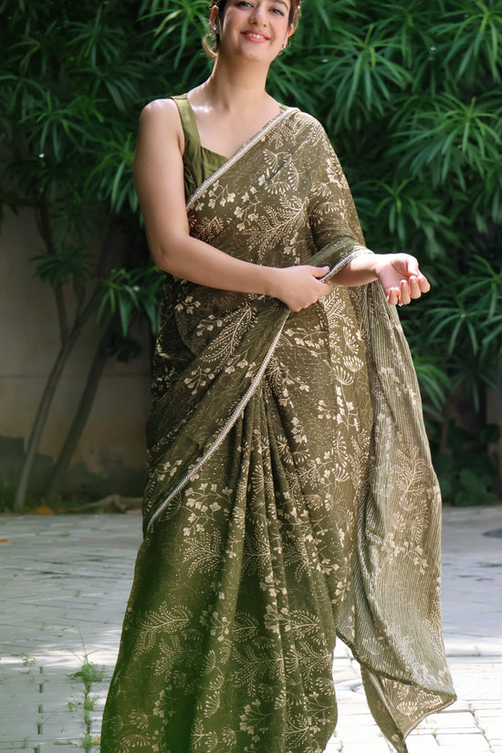 Olive Dream  Embroidered Chinon saree
