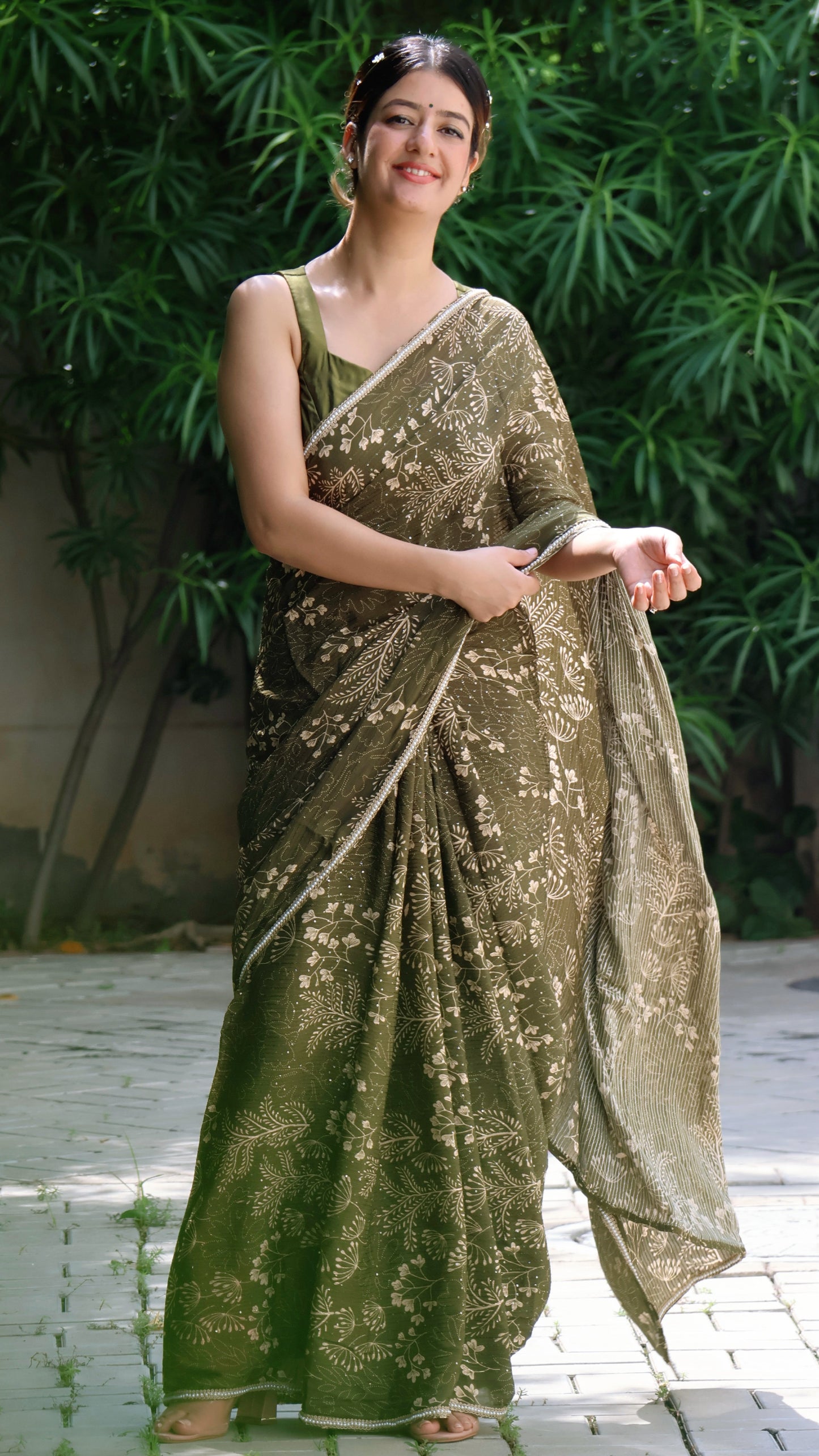 Olive Dream  Embroidered Chinon saree