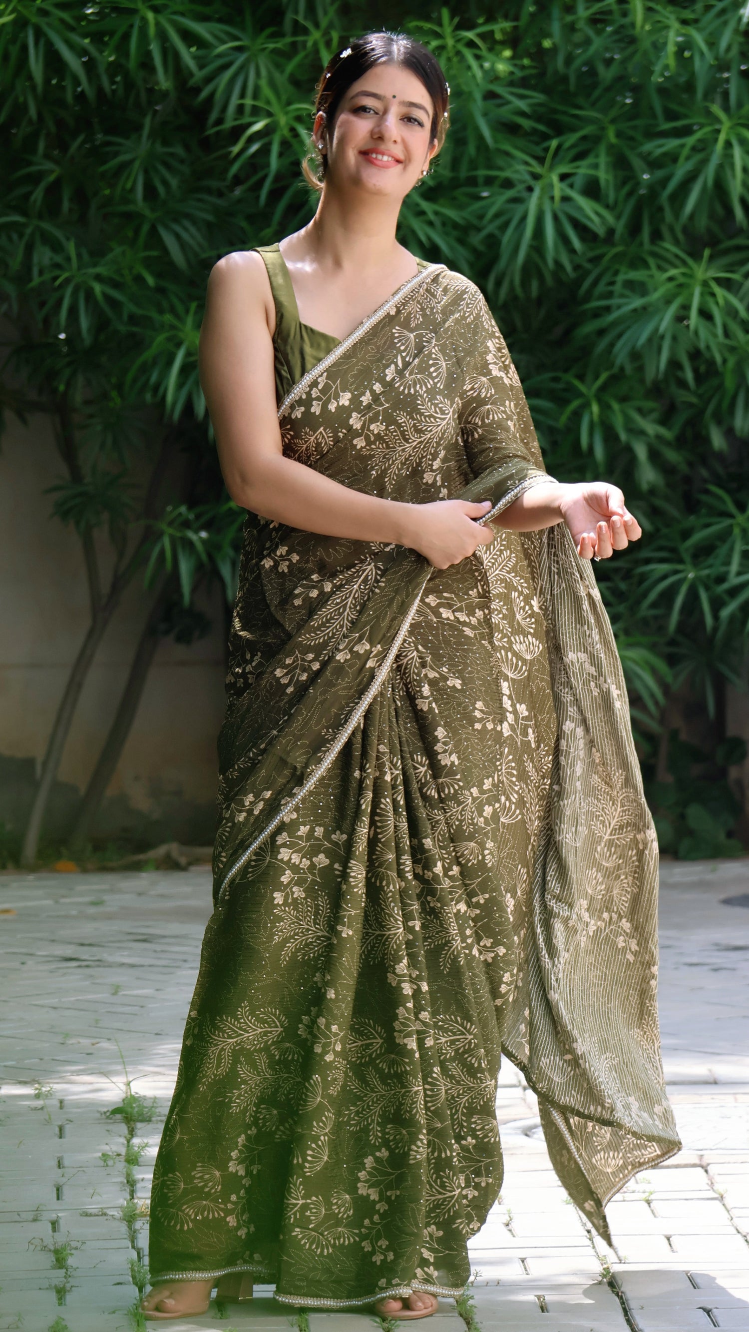 Olive Dream  Embroidered Chinon saree