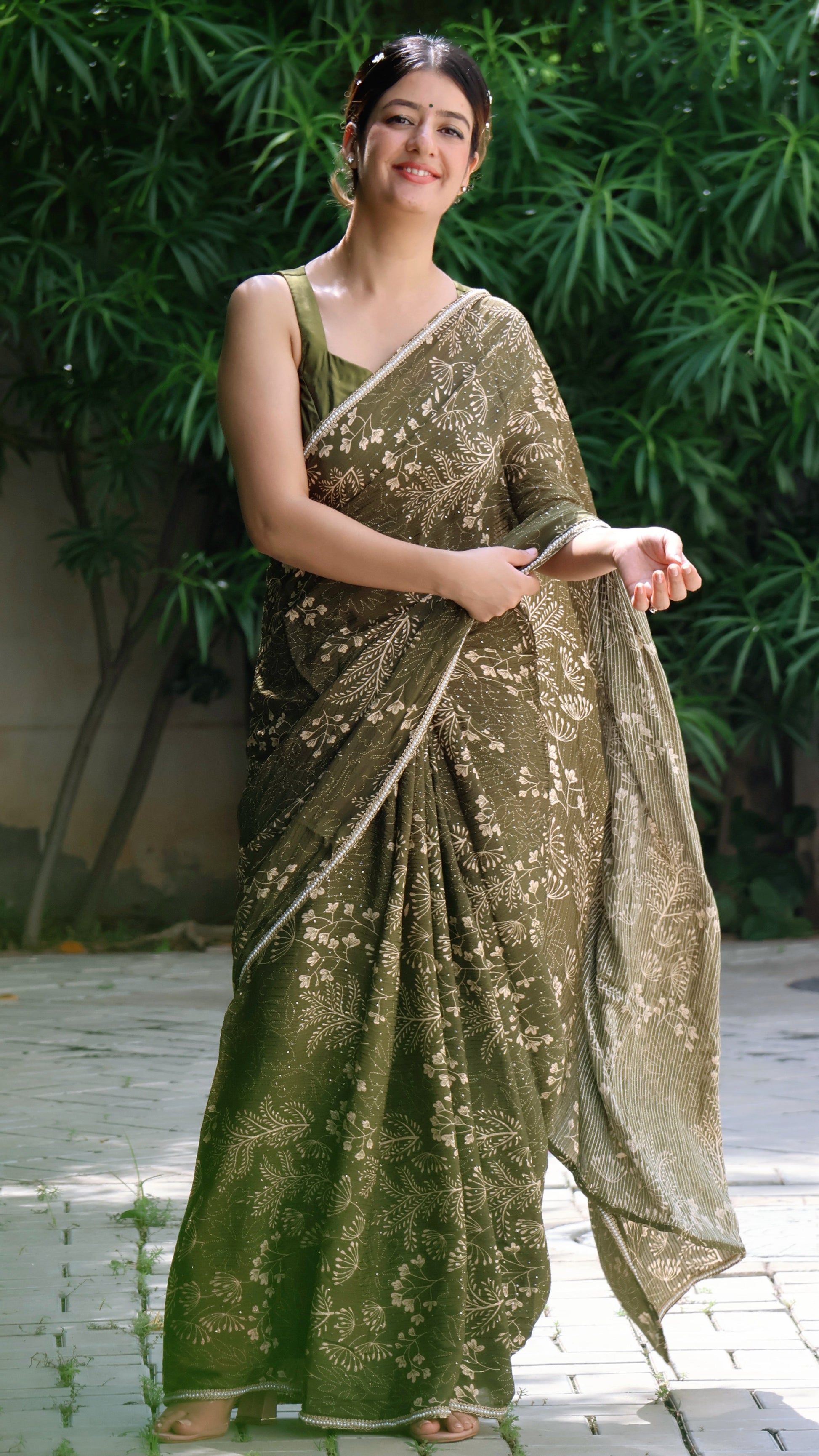 Olive Dream  Embroidered Chinon saree
