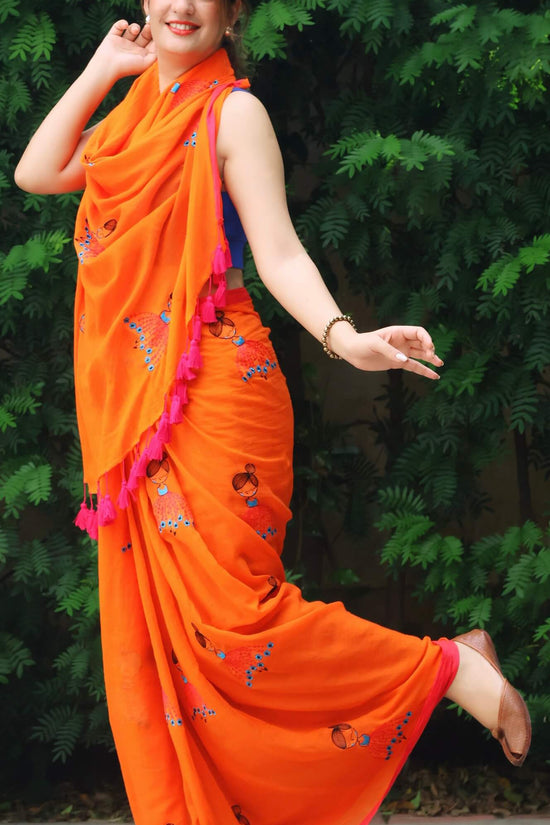 cute mul cotton rust saree with hand embroidery