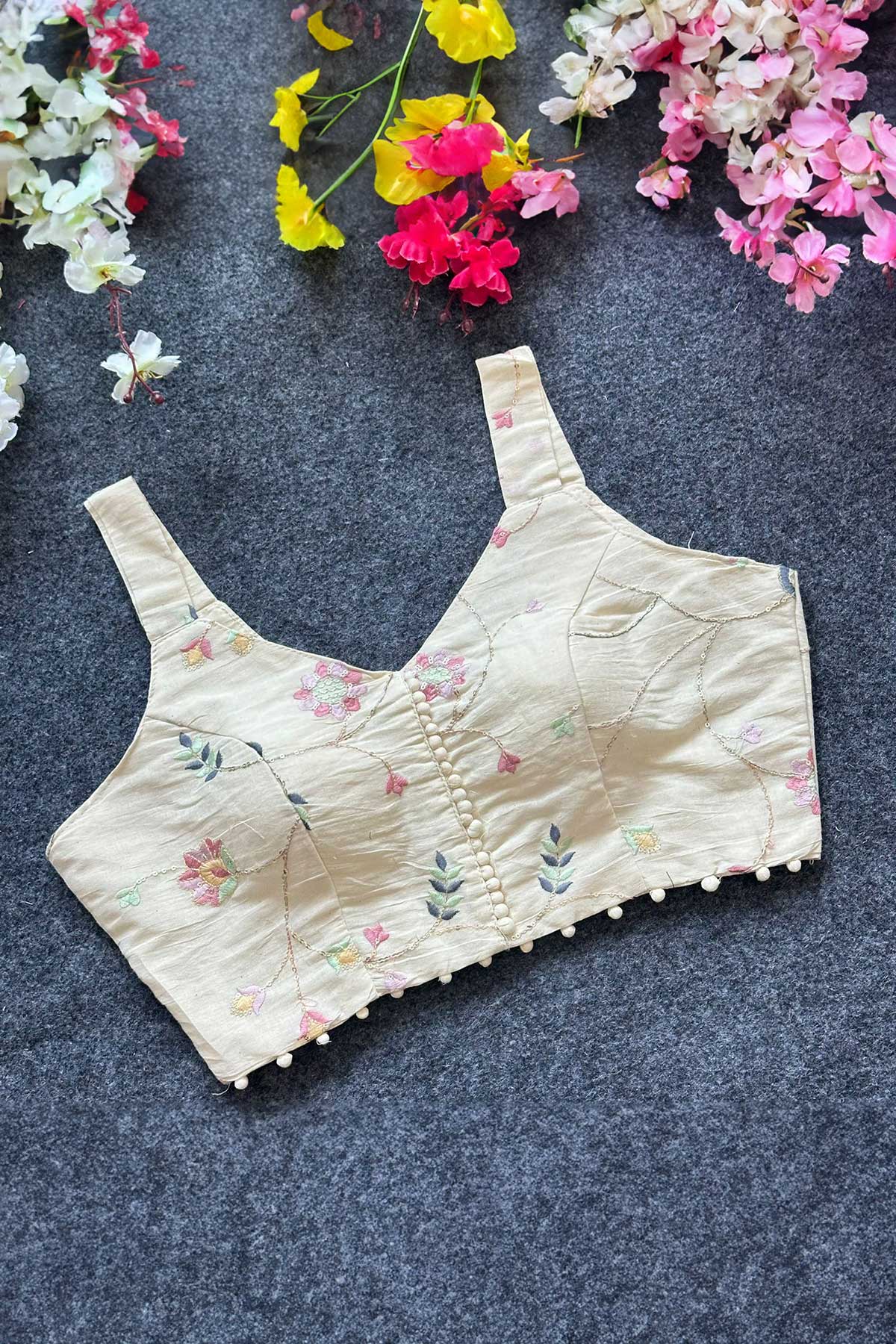 Dome Neck Embroidered Cotton Padded Sleeveless Blouse