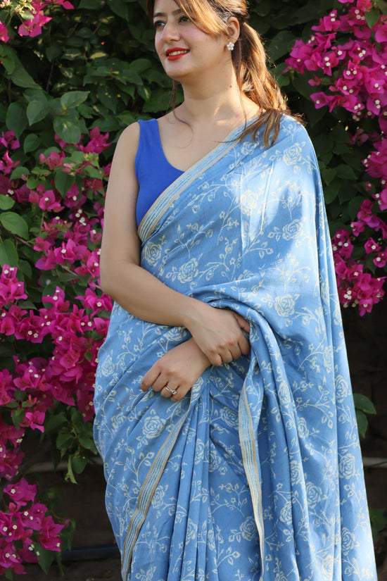 Rare Blue Rose Muslin print saree