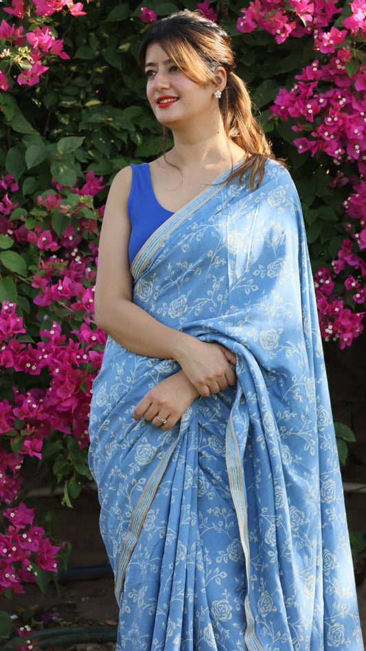 Rare Blue Rose Muslin print saree