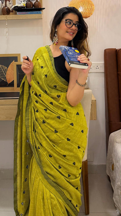 Serenade  - Mustard Green Heart Embroidery Khadi Cotton Saree