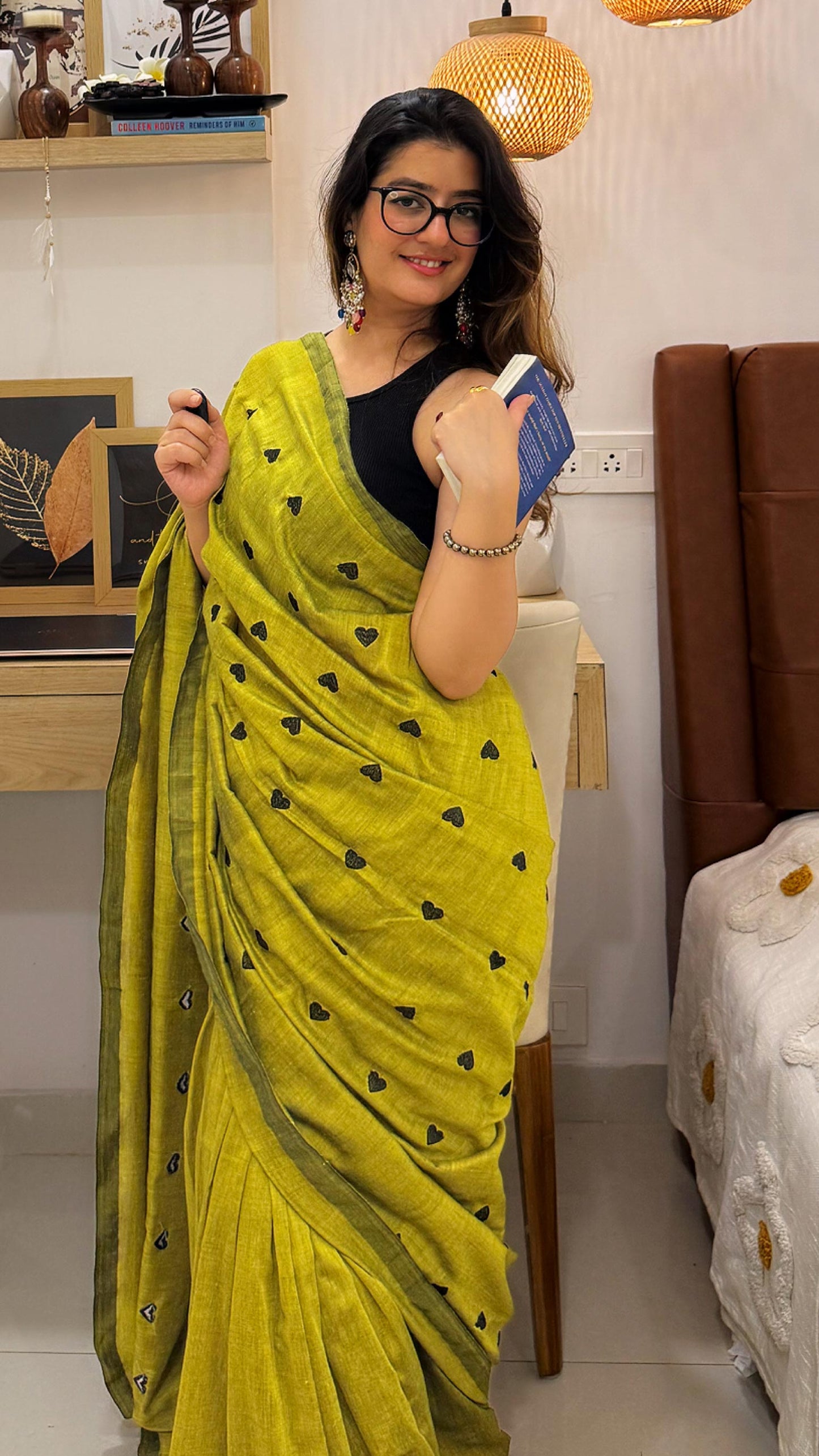 Serenade  - Mustard Green Heart Embroidery Khadi Cotton Saree
