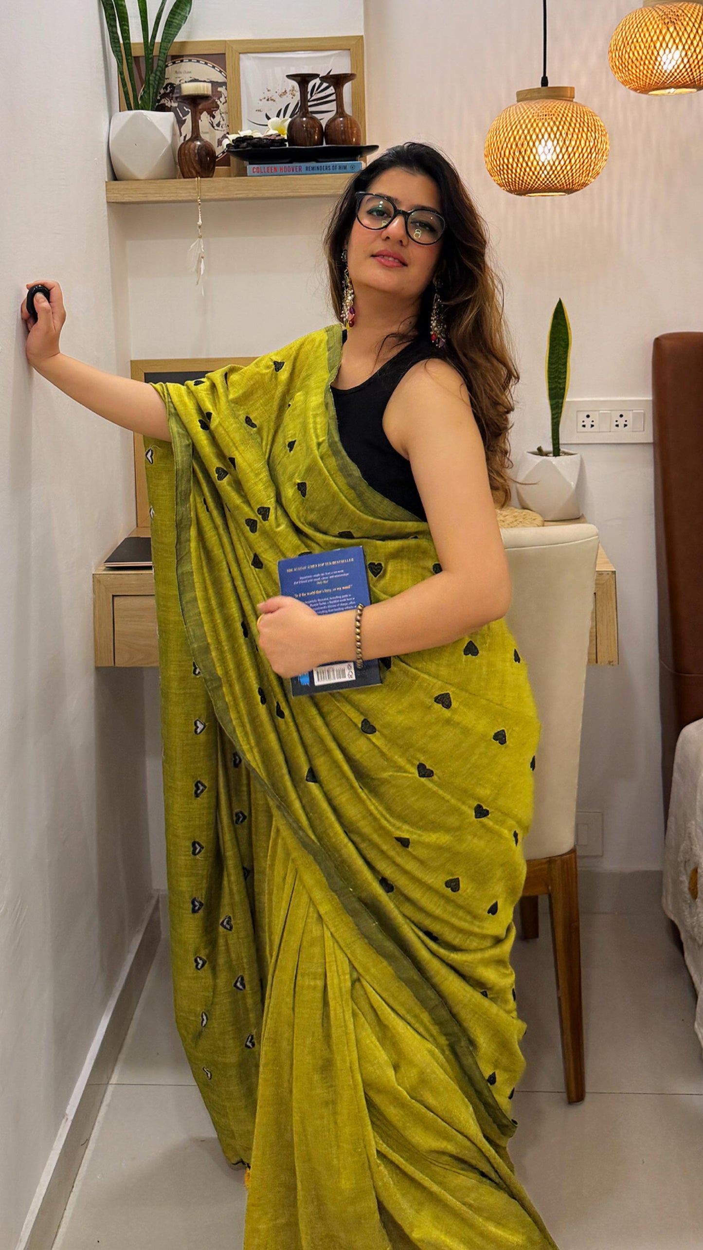 Serenade  - Mustard Green Heart Embroidery Khadi Cotton Saree