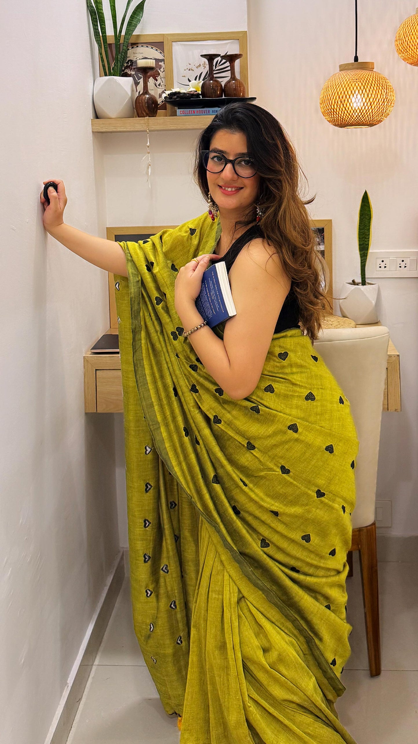 Serenade  - Mustard Green Heart Embroidery Khadi Cotton Saree