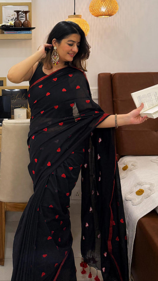 Symphony  - Black Heart Embroidery Khadi Cotton Saree