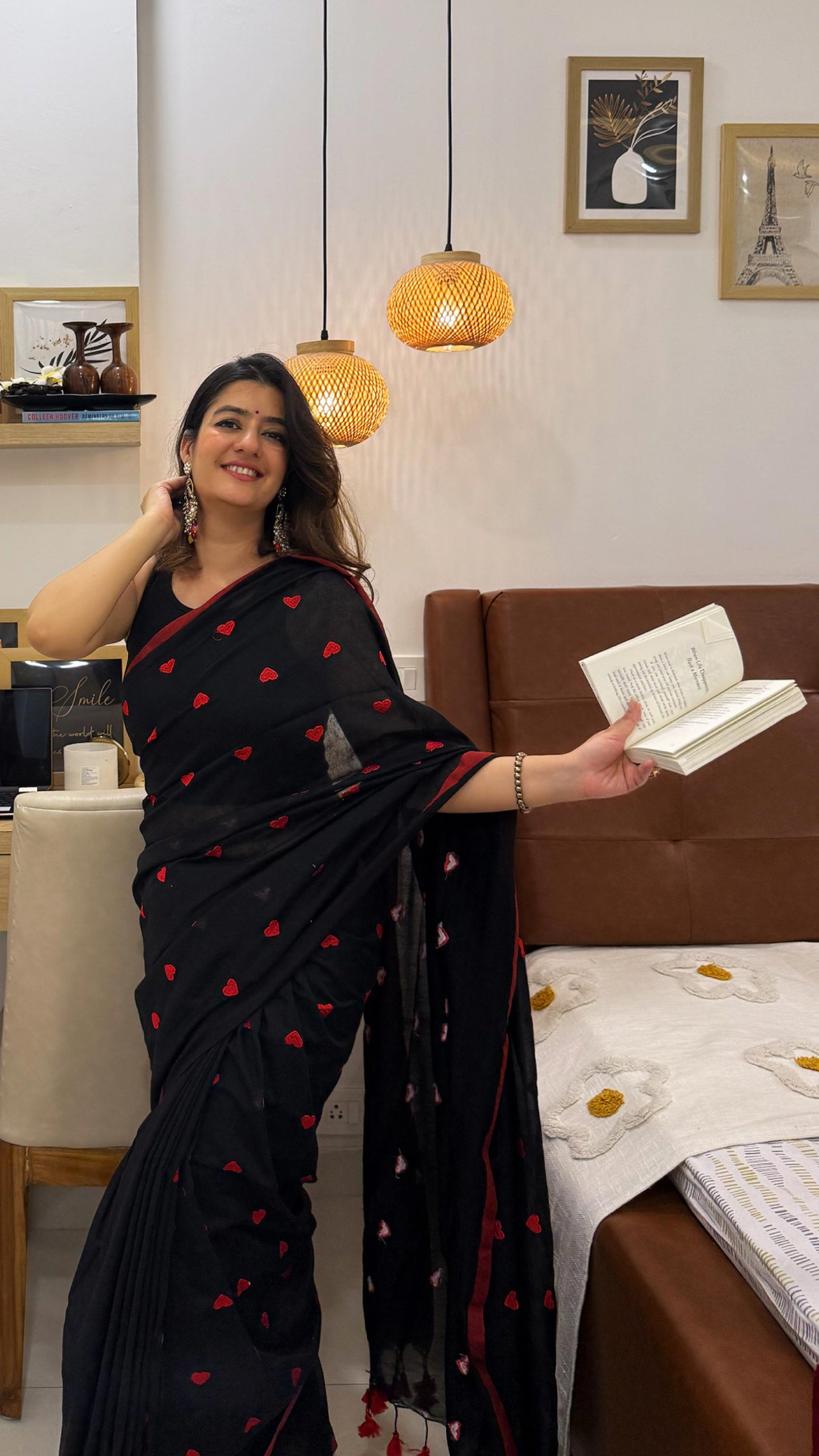 Symphony  - Black Heart Embroidery Khadi Cotton Saree