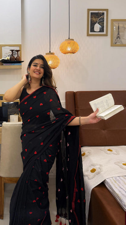Symphony  - Black Heart Embroidery Khadi Cotton Saree