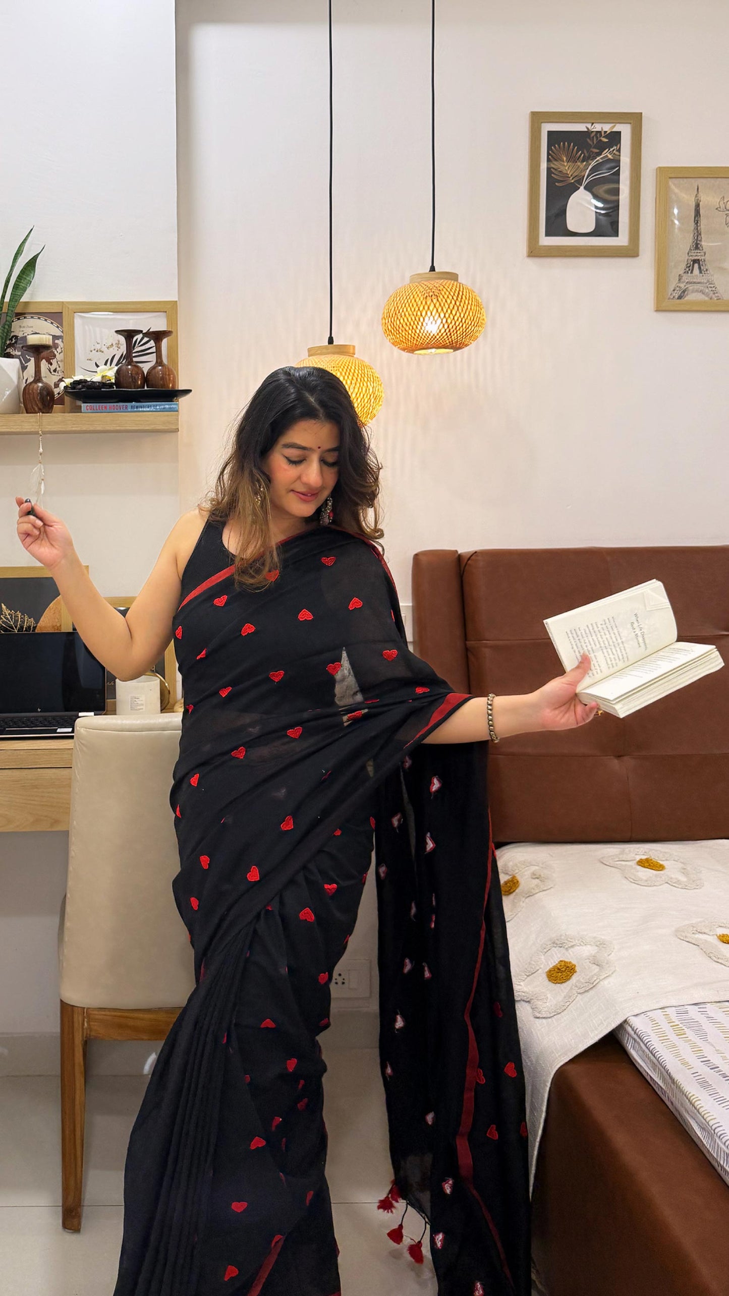 Symphony  - Black Heart Embroidery Khadi Cotton Saree