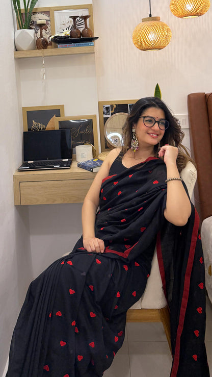 Symphony  - Black Heart Embroidery Khadi Cotton Saree