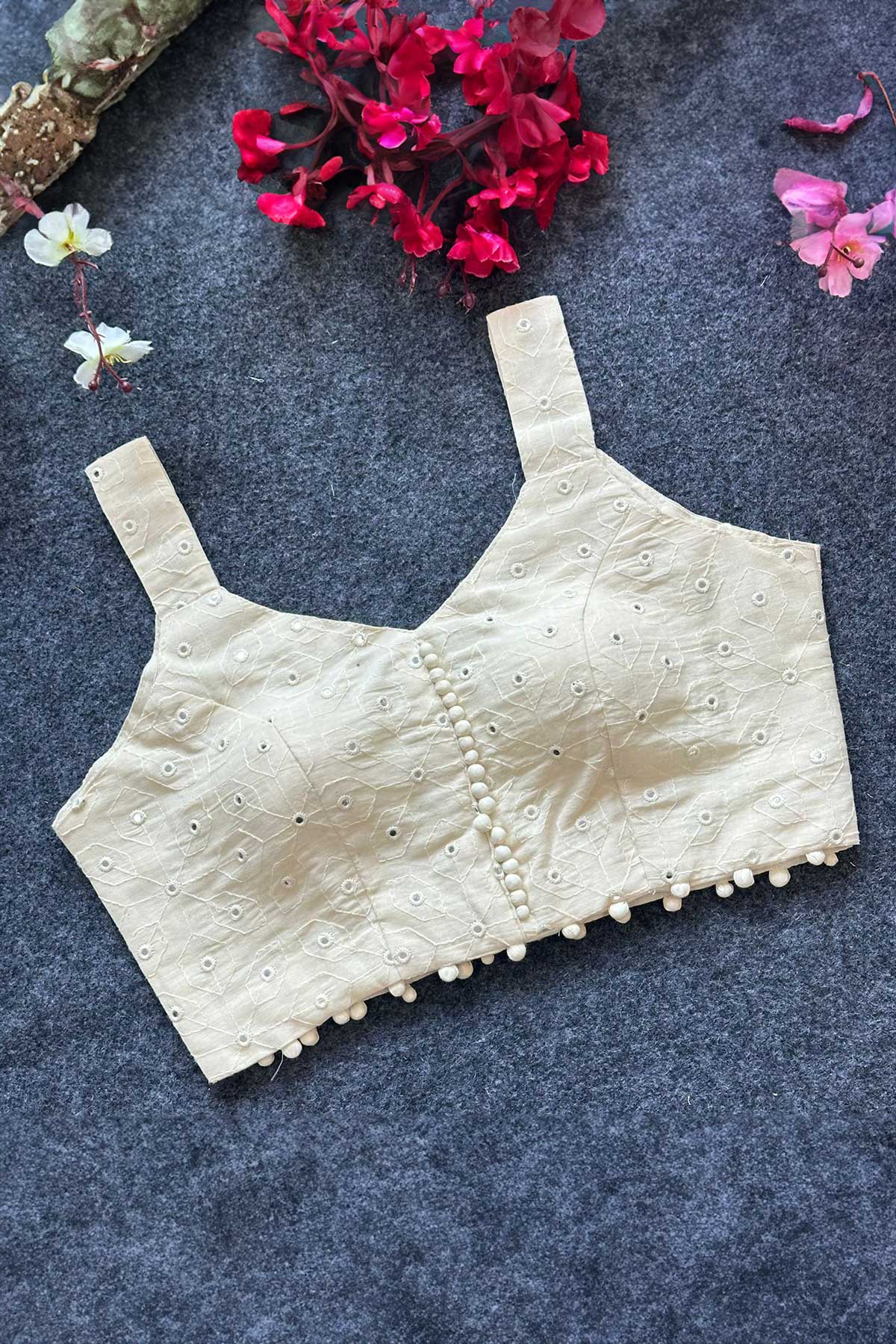 Dome Neck Embroidered Cotton Padded Sleeveless Blouse