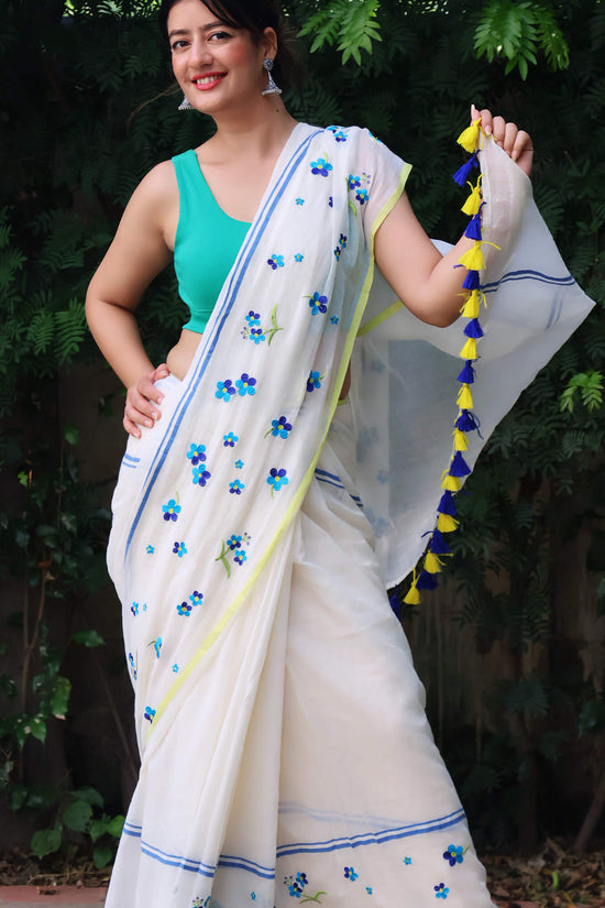 Blue blossom mul cotton saree