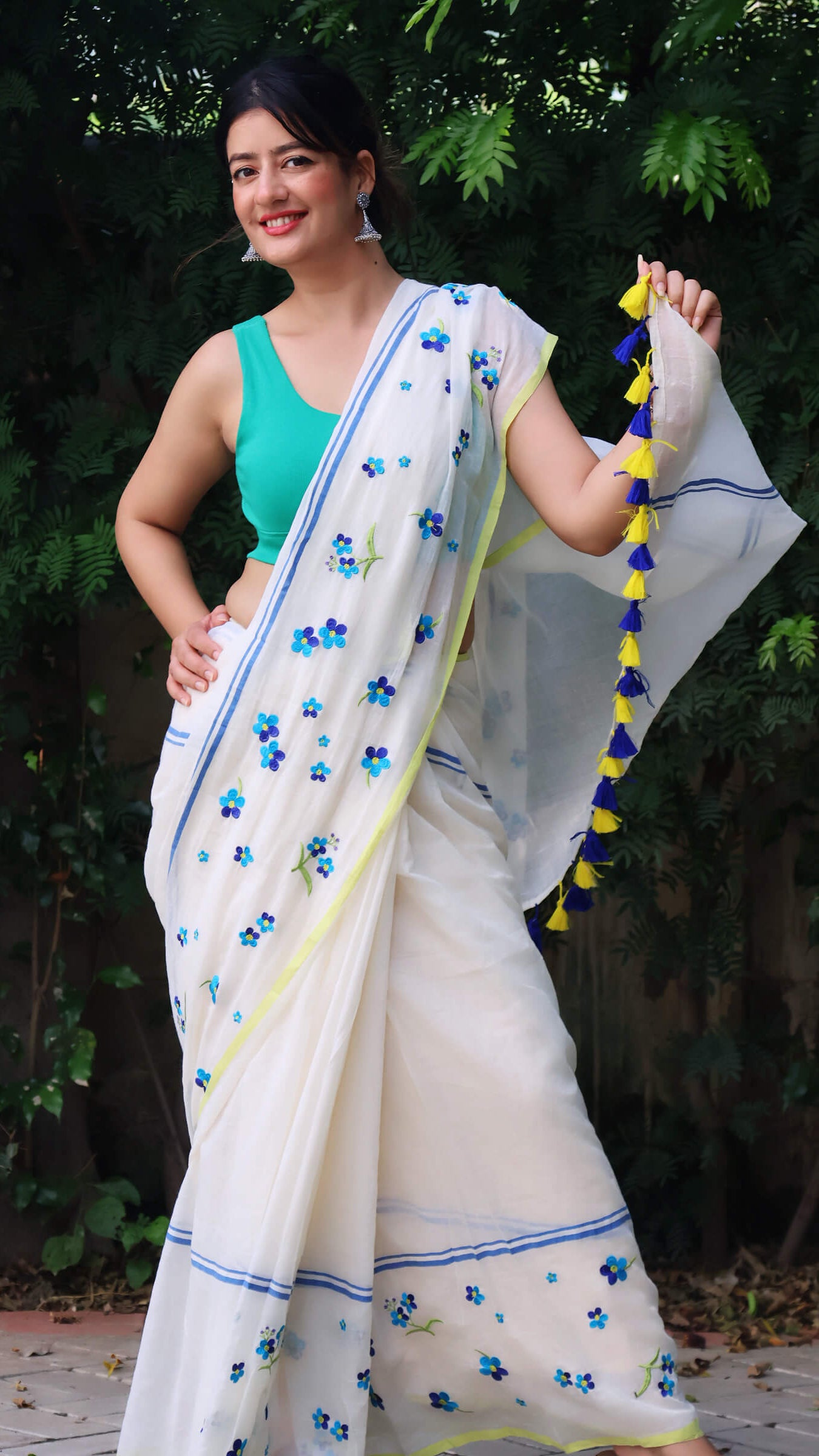 Blue blossom mul cotton saree