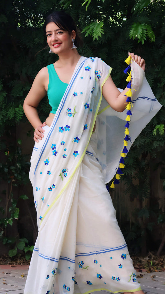 Blue blossom mul cotton saree